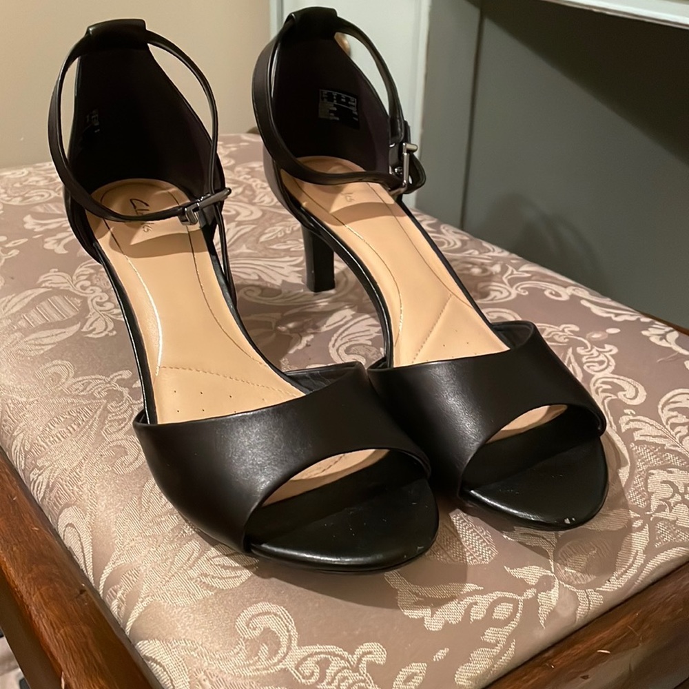 Clarks heeled sandals. Good condition, tiny scuff on front left toe.